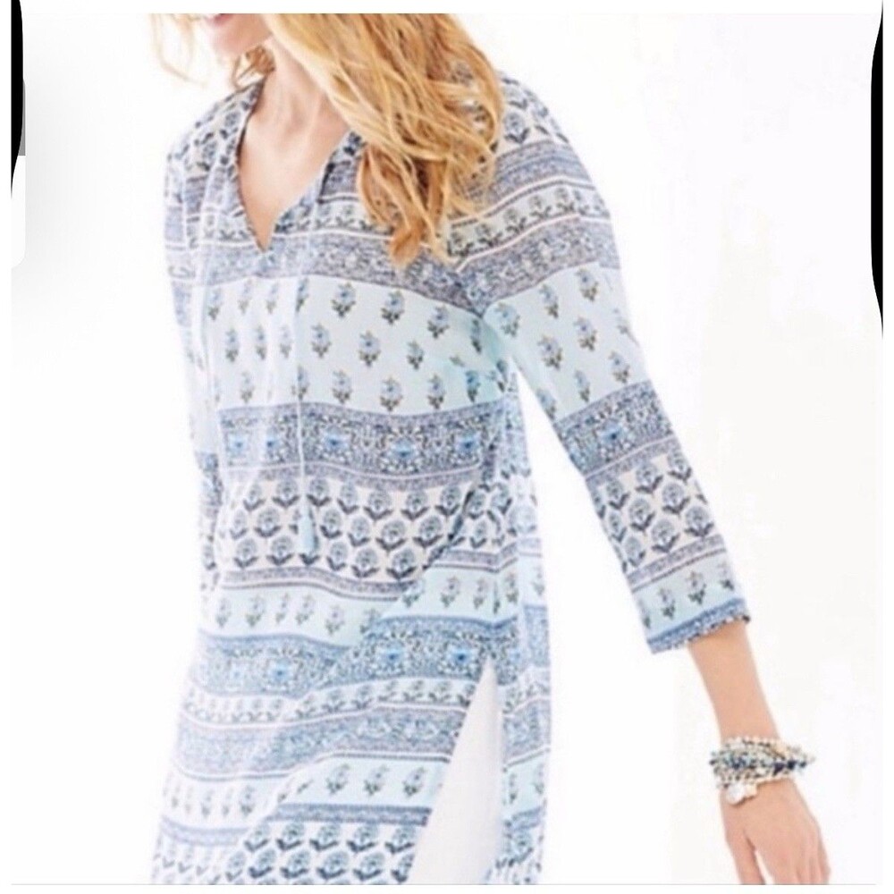 J Jill Swim Cover Up Semi Sheer Beach Tunic Blue Floral Boho Tassels Sz M